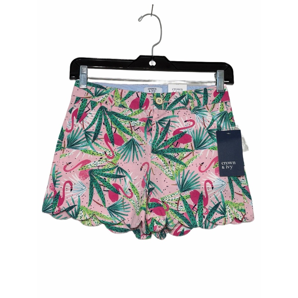 Crown & Ivy Shorts Girls 12 Pink Flamingo Palm Leaf Scallop Hem Novelty Print